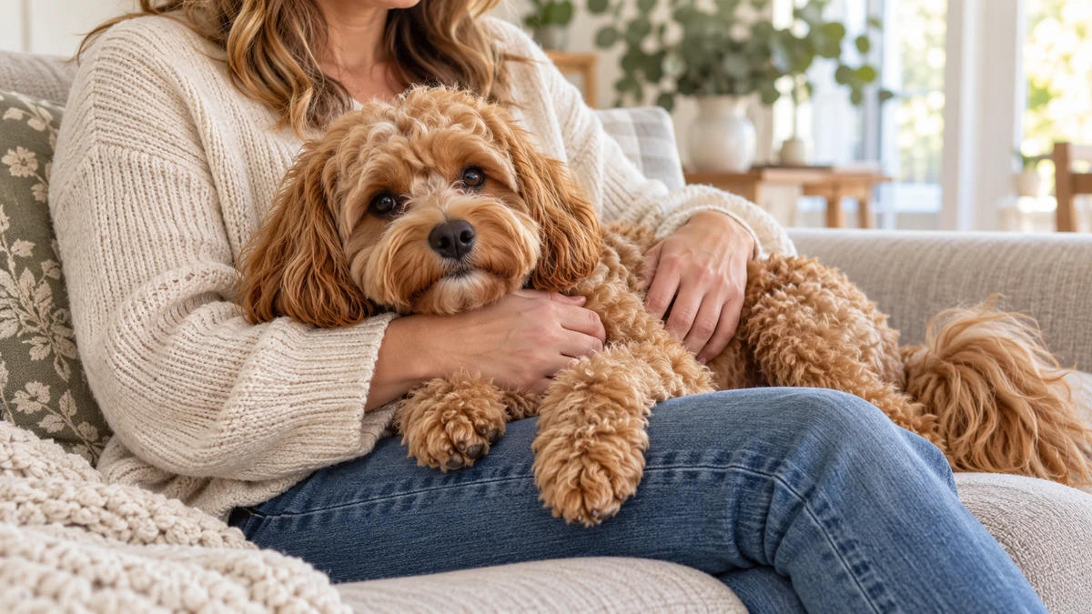 Cavapoo köpek — sahibinin kucağında