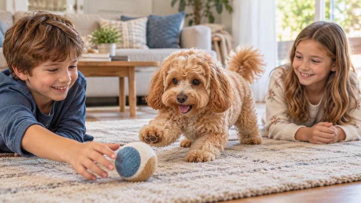 Cavapoo köpek — çocuklarla oyun