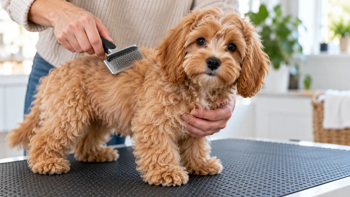 Cavapoo yavru köpek — tüy bakımı ve fırçalama